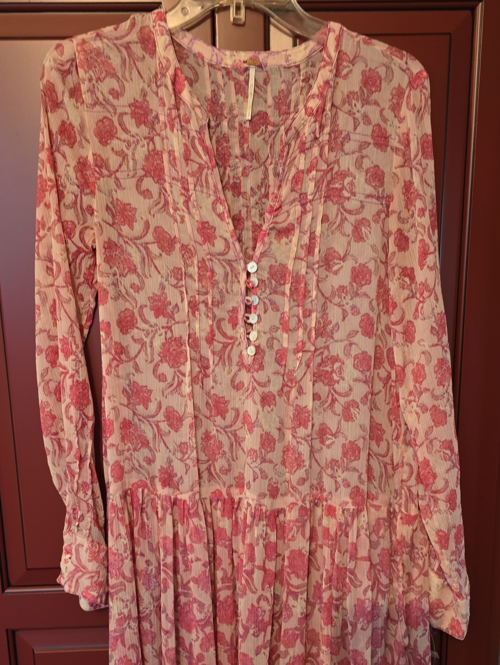Floor Length Free People Women's Pink Floral Long-Sleeve Tunic Dress